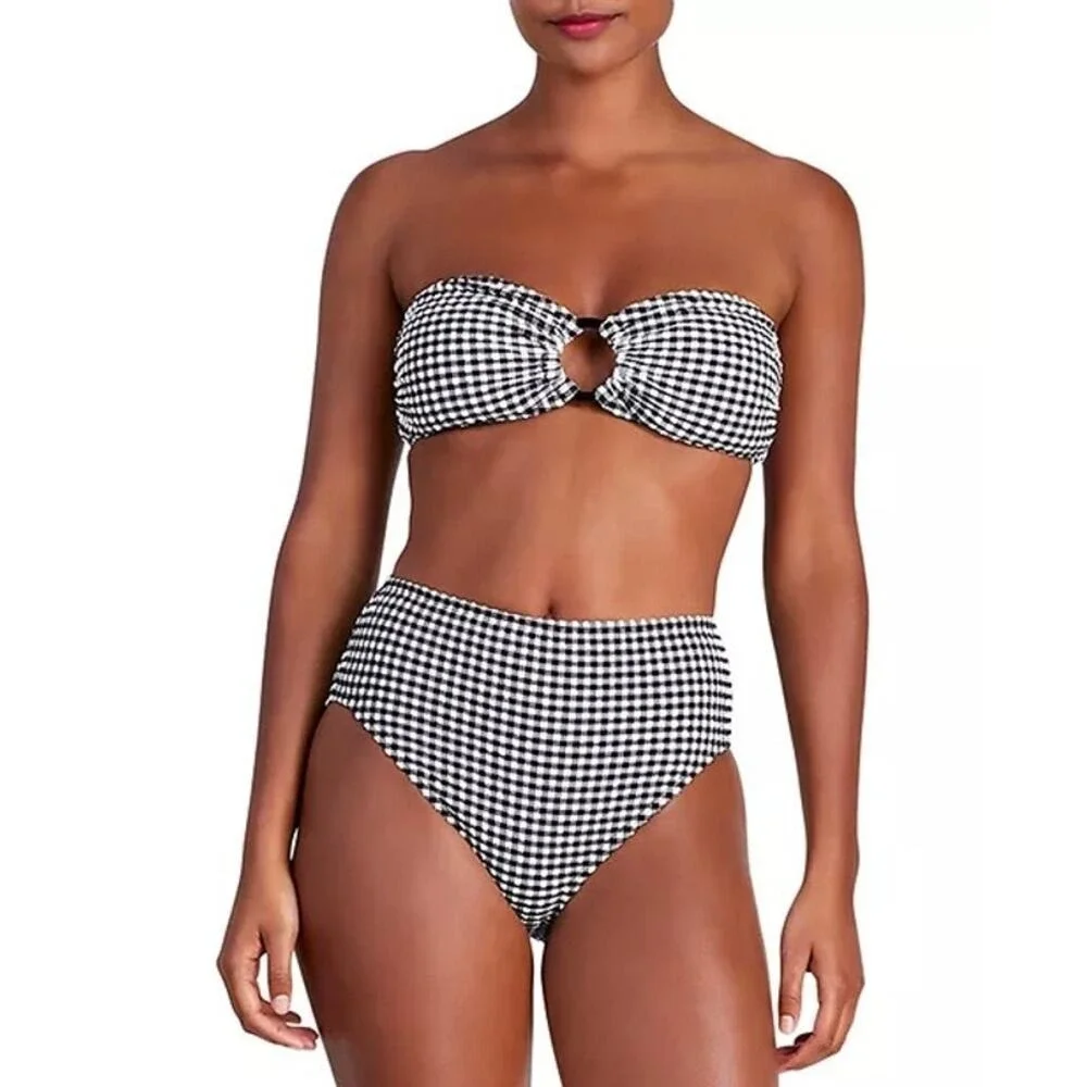 KATE SPADE High Waist Bikini Bottom Women Medium Black Gingham Seersucker Swim